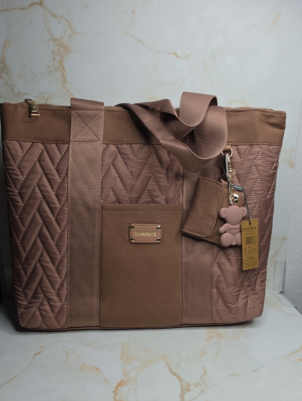 BearPaw Quilted Tote in Mauve Brown New